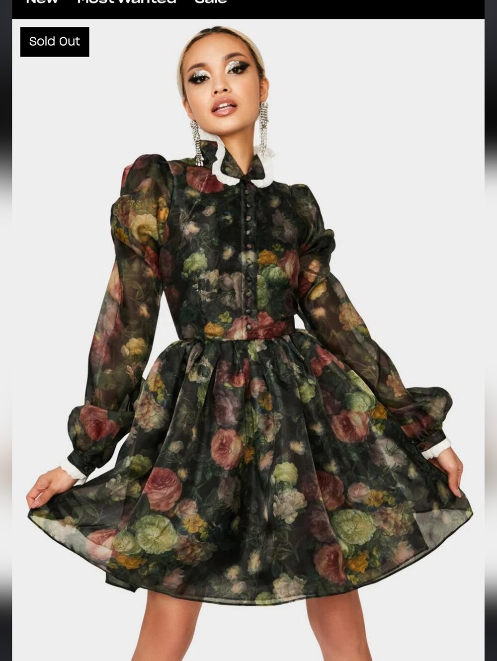 Selkie Kiki Black Sheer Floral Puff-Sleeve Mini Dress - Picture 1 of 7